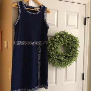 Like new navy faux-wrap dress~W Sz M; poly knit, zipper back